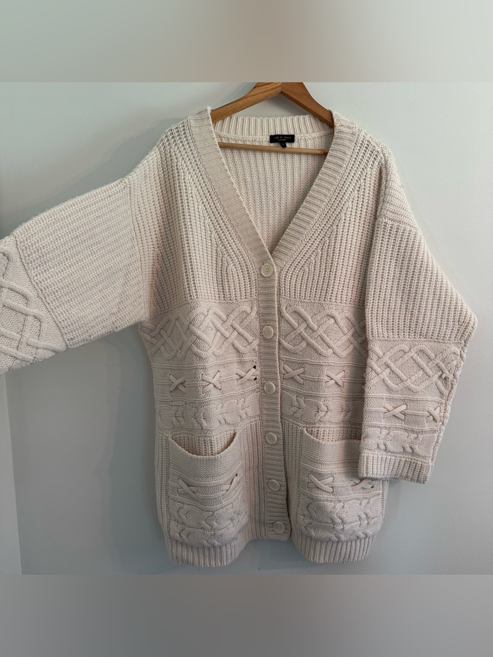 Rag & Bone Conley Cable Knit Wool Cashmere Button-Down Cardigan Ivory Large - Picture 3 of 13